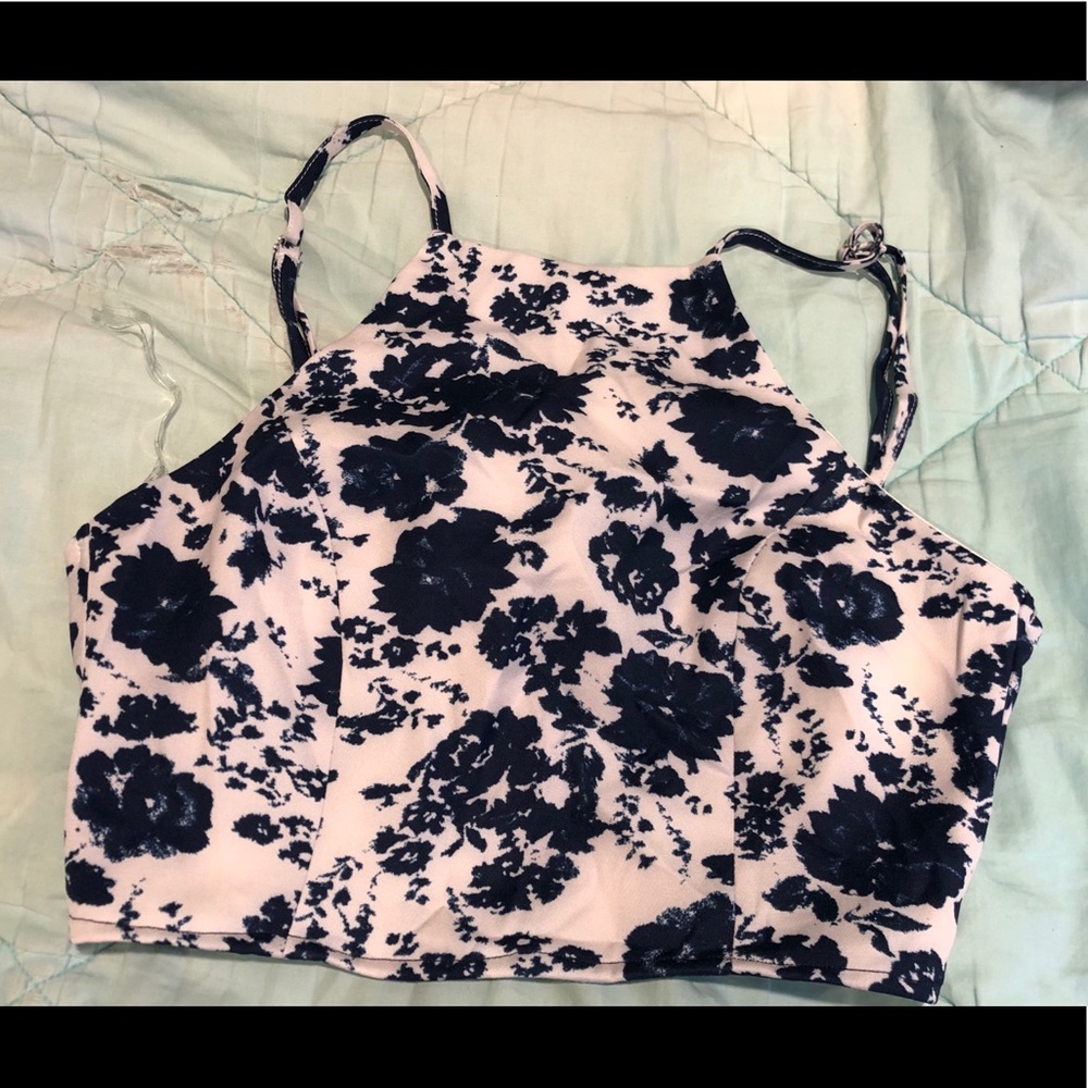 Blue and white floral halter crop